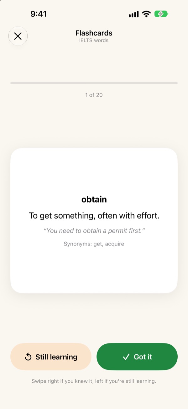 A flashcard showing the meaning of obtain