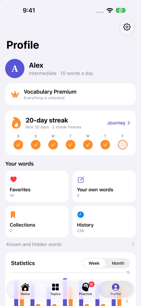 Profile: your streak, Journey, favorites, collections and history