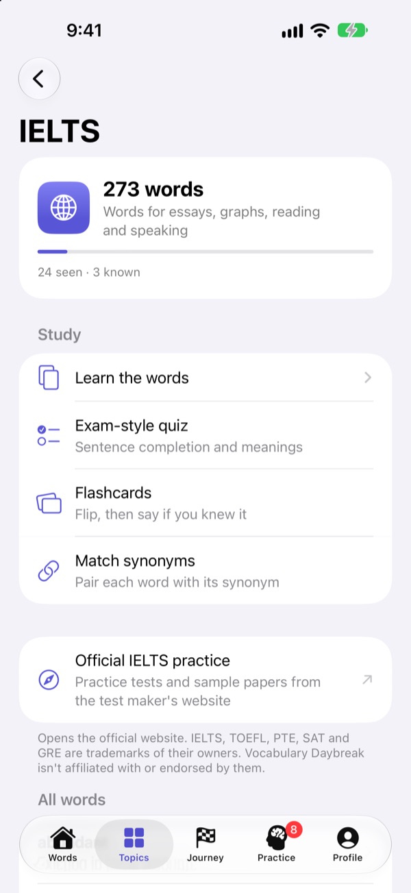 The IELTS word bundle, with a quiz, flashcards and synonym matching