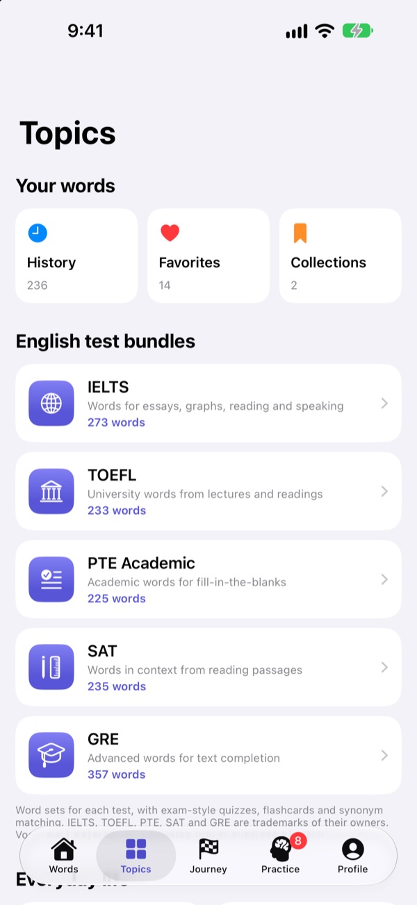 The Topics tab with your words, the English test bundles and topic groups