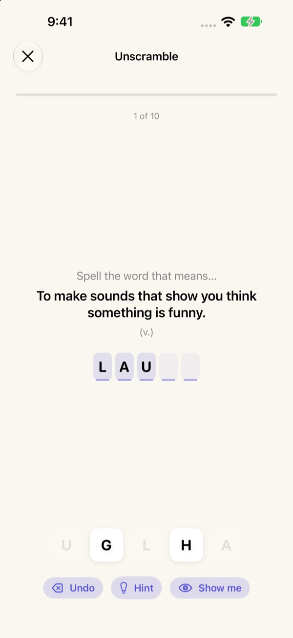 Unscramble: spell the word that means to make sounds that show you think something is funny