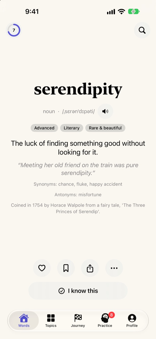 A word card for serendipity, with its pronunciation, definition, example, synonyms and origin